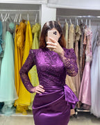 Long Stretch Satin Jewel Lace Mermaid Prom Dress with Sleeves