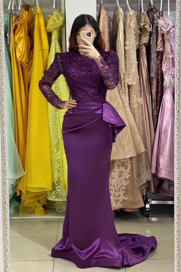 Long Stretch Satin Jewel Lace Mermaid Prom Dress with Sleeves