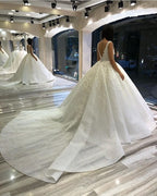Long Sweetheart Backless Appliques Lace Sequins Ball Gown Wedding Dress