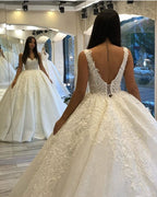Long Sweetheart Backless Appliques Lace Sequins Ball Gown Wedding Dress