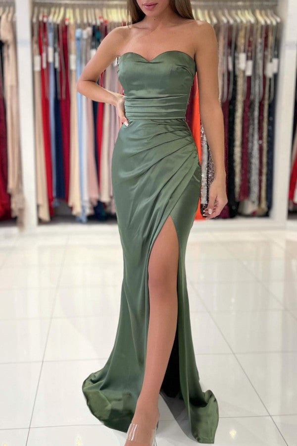 Long Sweetheart Stretch Satin Mermaid Prom Dresses with Slit