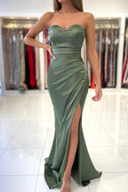 Long Sweetheart Stretch Satin Mermaid Prom Dresses with Slit