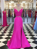 Long Two Pieces Mermaid V Neck Satin Lace Fuchsia Prom Dresses with Leg Slit