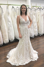 Long V-neck Wide Straps Lace Open Back Mermaid Wedding Dress