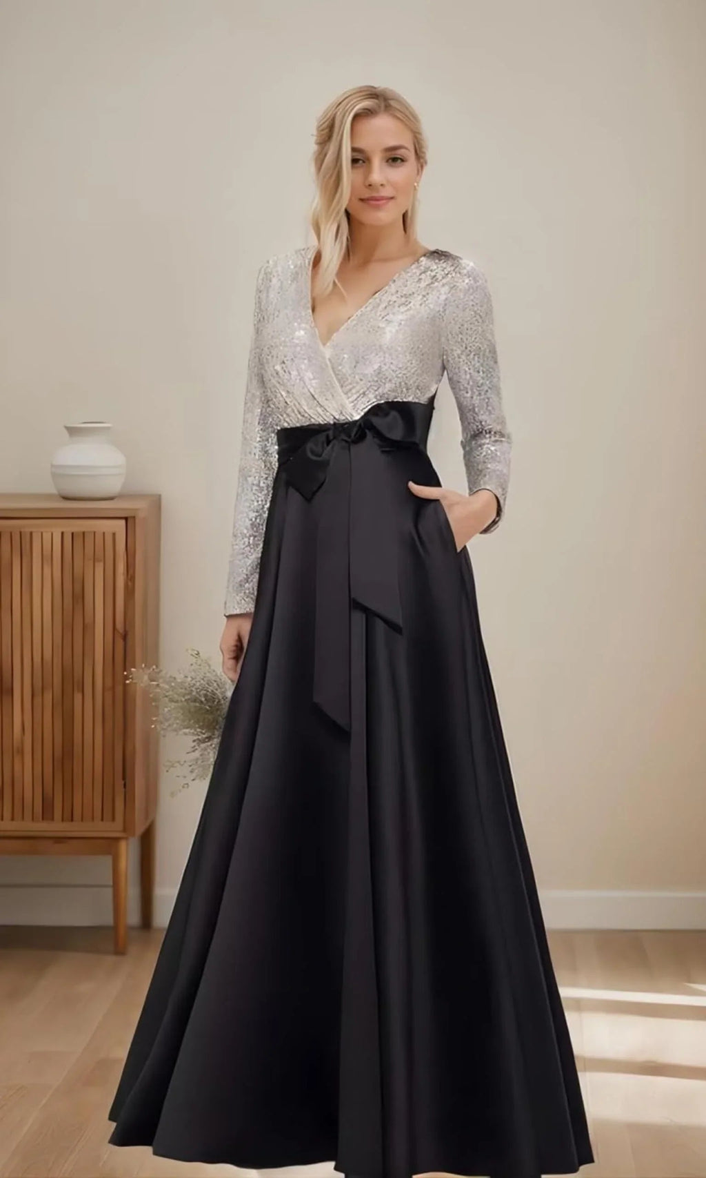 Long Sleeve Bow Dress Sequin Top Gown With A Bow