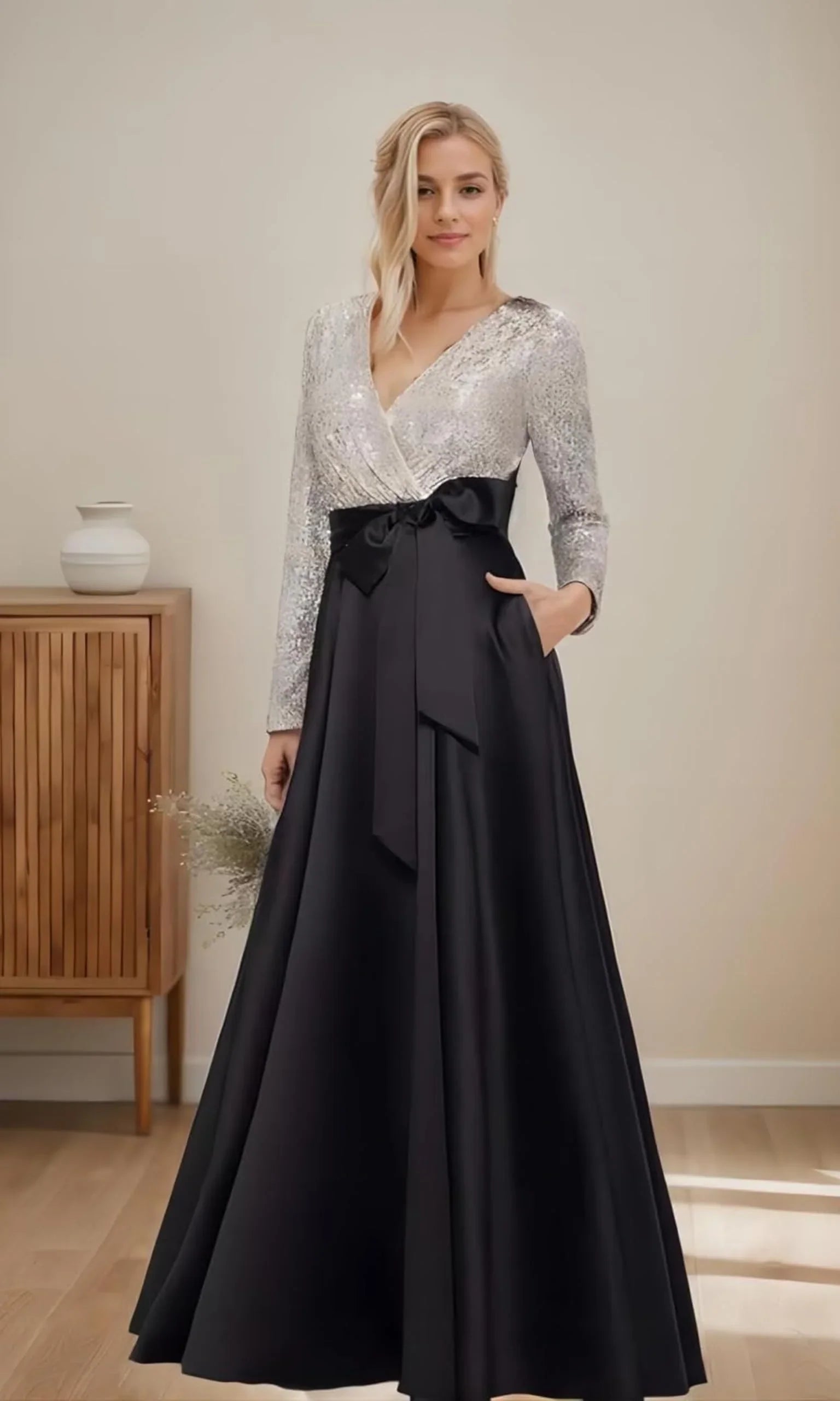 Long Sleeve Bow Dress Sequin Top Gown With A Bow