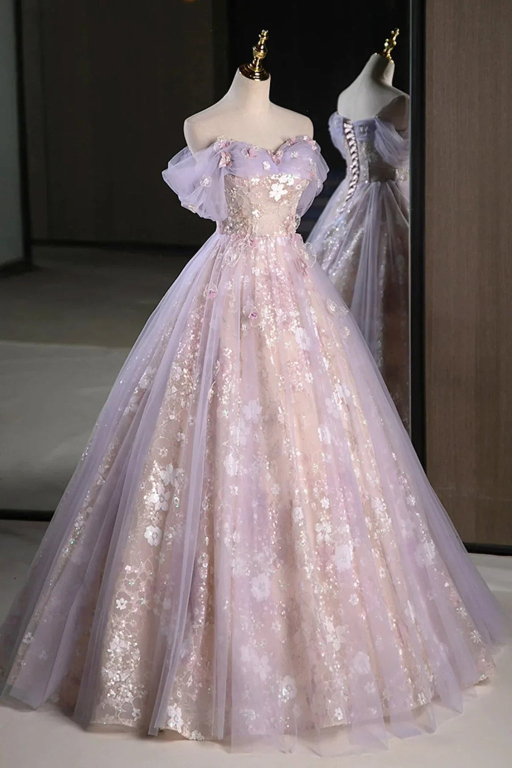 Lucasta | Lilac Off The Shoulder Tulle A Line Prom Dress With Appliques