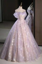 Lucasta | Lilac Off The Shoulder Tulle A Line Prom Dress With Appliques