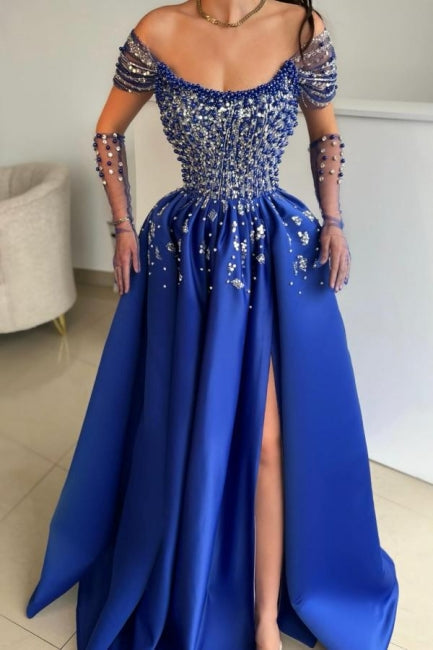 Luxurious A-Line Satin Scoop Sleeveless Prom Dress With Split Front