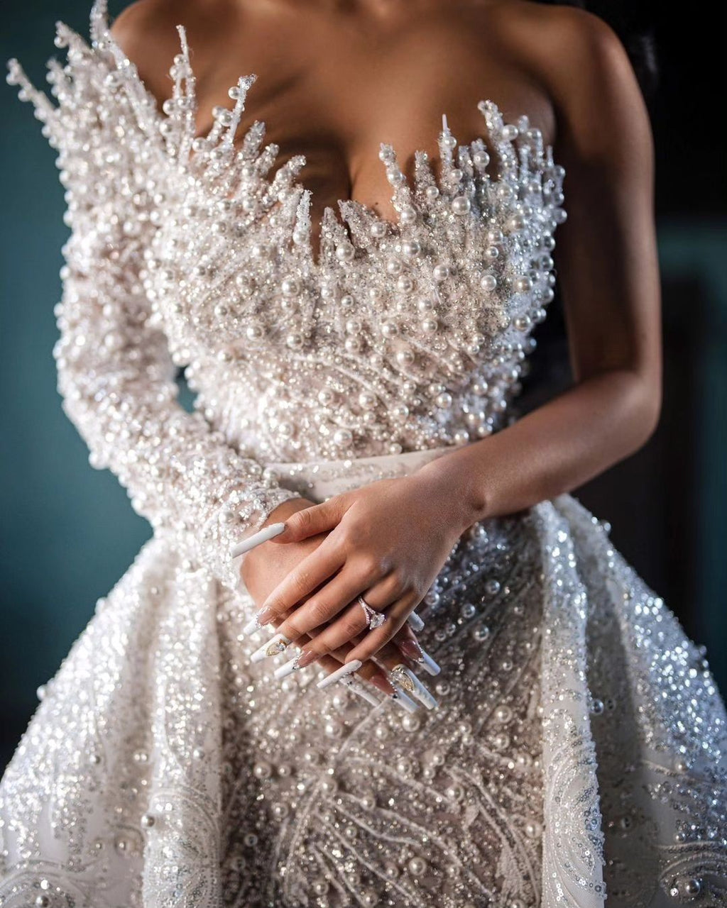 Luxurious Long White One Shoulder A-line Beading Pearls Long Sleeve Weeding Dress With Train