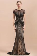 Luxury Black Covered Beaded Mermaid Prom Dress Cap Sleeves Party Dress