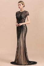 Luxury Black Covered Beaded Mermaid Prom Dress Cap Sleeves Party Dress