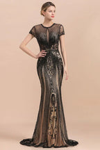 Luxury Black Covered Beaded Mermaid Prom Dress Cap Sleeves Party Dress