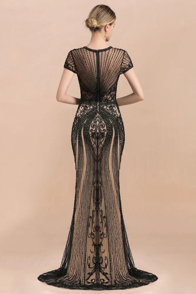 Luxury Black Covered Beaded Mermaid Prom Dress Cap Sleeves Party Dress