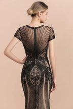 Luxury Black Covered Beaded Mermaid Prom Dress Cap Sleeves Party Dress