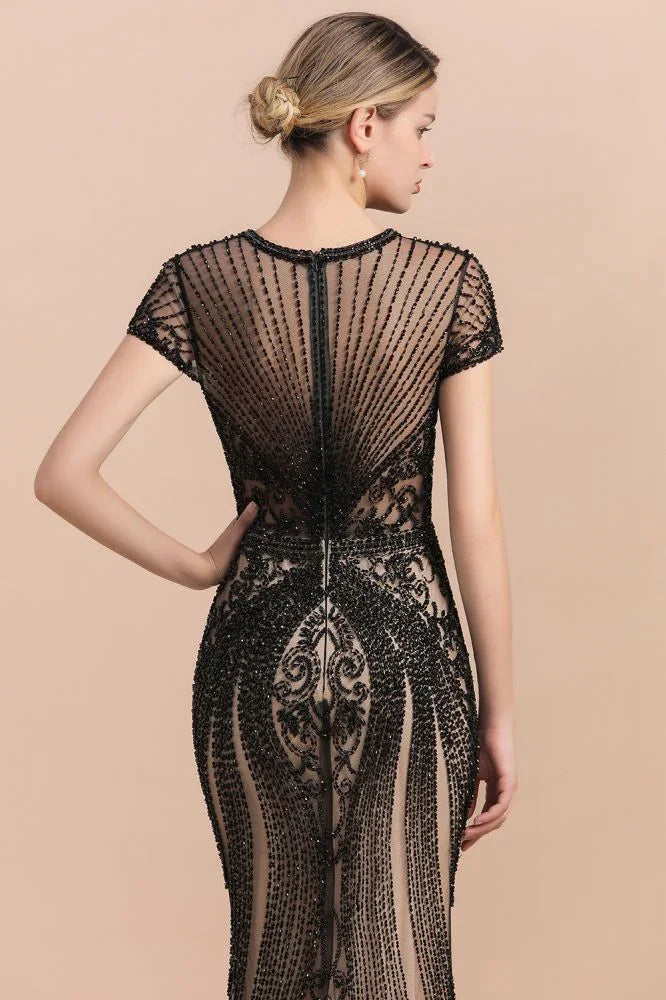 Luxury Black Covered Beaded Mermaid Prom Dress Cap Sleeves Party Dress