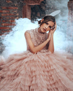 Luxury Long A-line High Neck Tulle Princess Wedding Dress