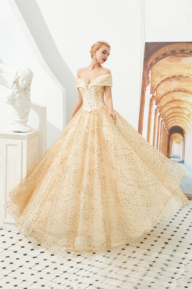 Luxury Off-the-Shoulder Tulle Ball Gown Sequins Princess Party Gown for Girls