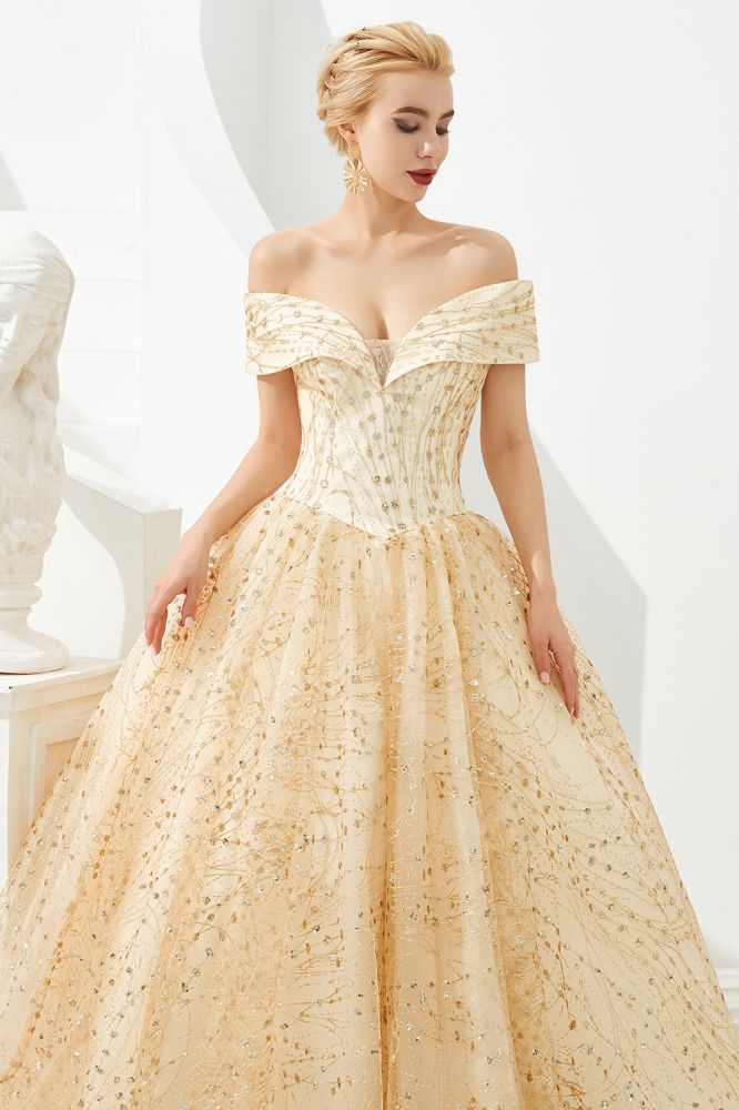 Luxury Off-the-Shoulder Tulle Ball Gown Sequins Princess Party Gown for Girls