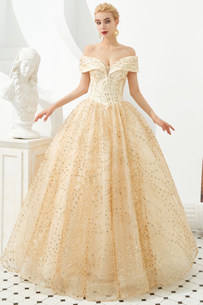 Luxury Off-the-Shoulder Tulle Ball Gown Sequins Princess Party Gown for Girls