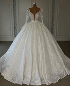 Luxury Princess A-line V-neck Lace Wedding Dresses With Long Sleeves