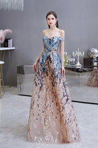 Luxury Sparkly Off-the-Shoulder Sequins Aline Prom Dress Floor Length by misshow.com