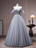 | Gray Tulle Off Shoulder Beaded Party Dress, A-Line Tulle Formal Dress Prom Dress