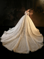 Luxury Off-Shoulder Ball Gown Wedding Dress with Lace Embroidery & Long Train
