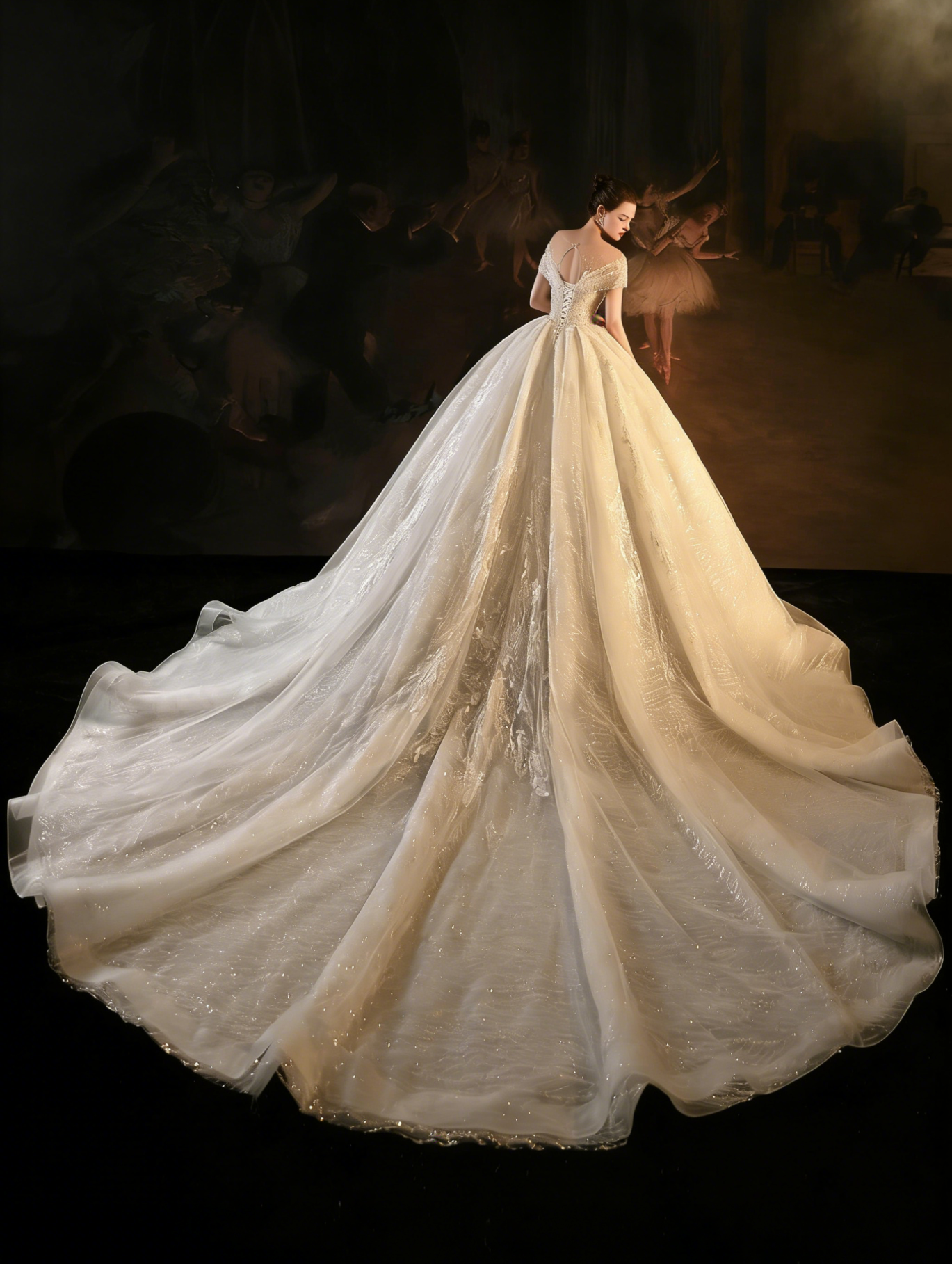 Luxury Off-Shoulder Ball Gown Wedding Dress with Lace Embroidery & Long Train
