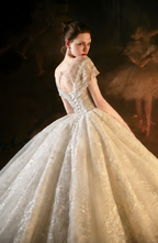 Luxury Off-Shoulder Ball Gown Wedding Dress with Lace Embroidery & Long Train