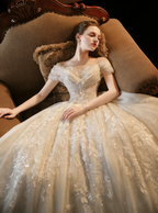 Luxury Off-Shoulder Ball Gown Wedding Dress with Lace Embroidery & Long Train