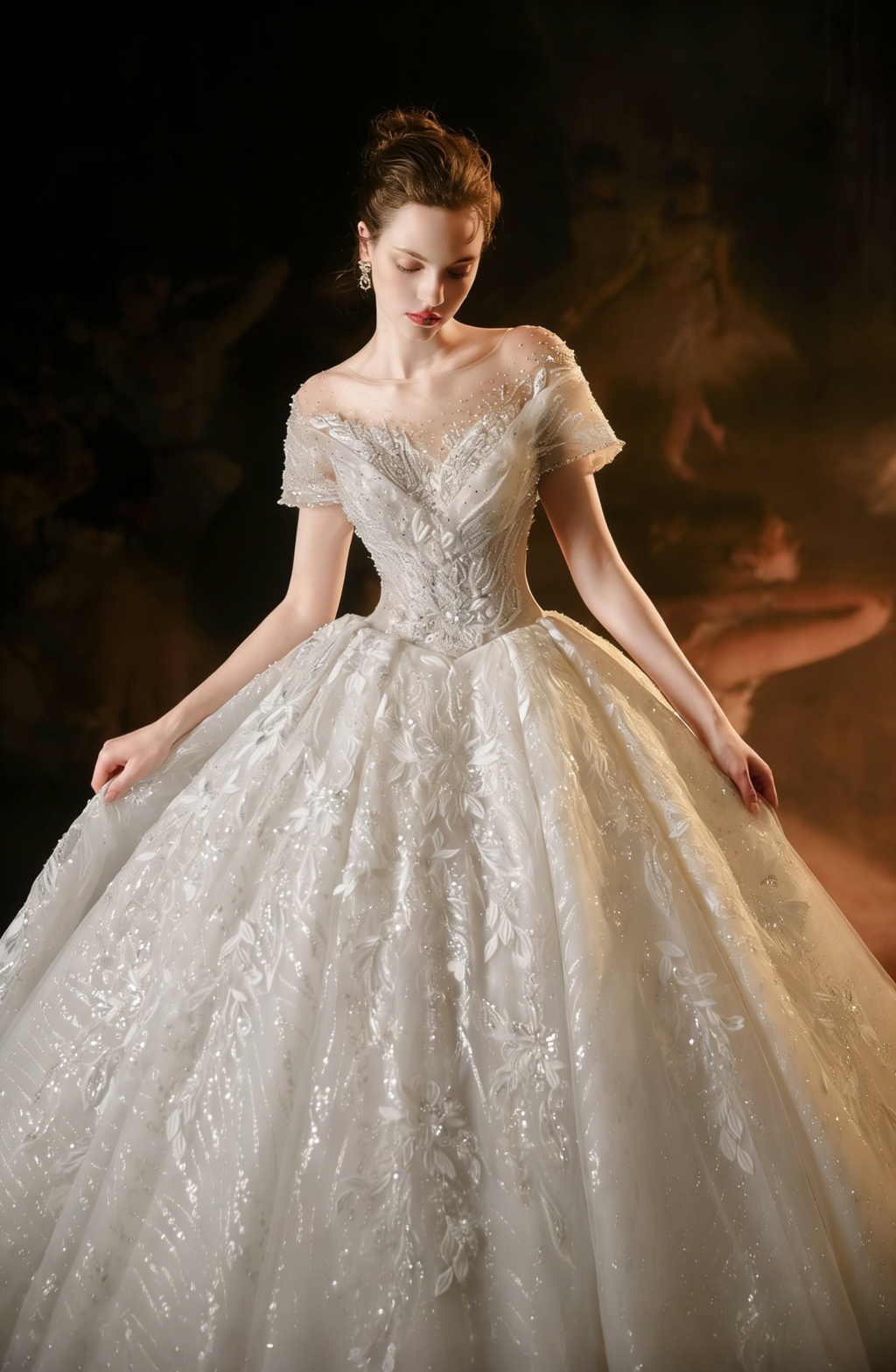 Luxury Off-Shoulder Ball Gown Wedding Dress with Lace Embroidery & Long Train