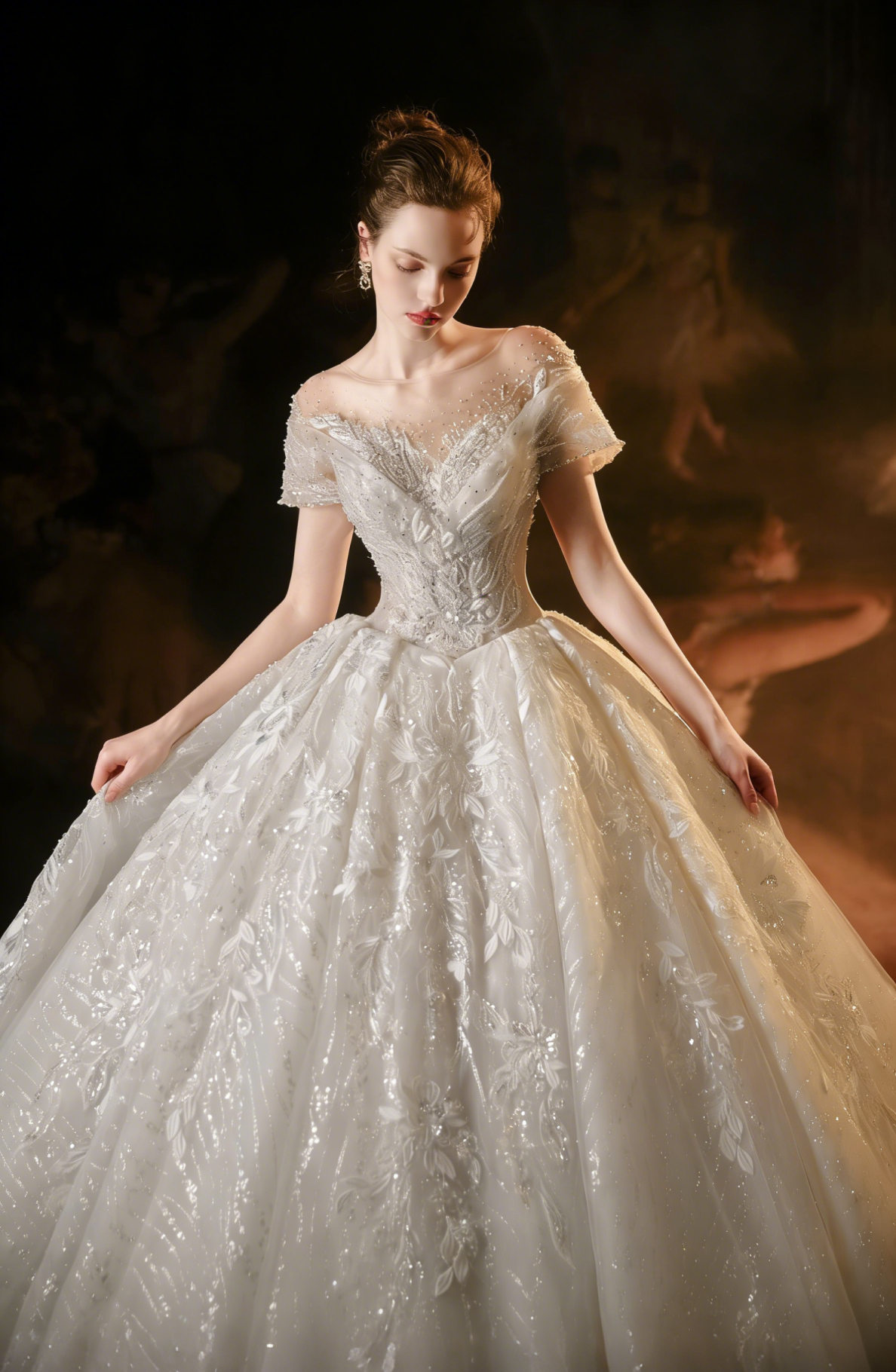 Luxury Off-Shoulder Ball Gown Wedding Dress with Lace Embroidery & Long Train