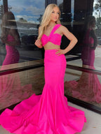 Maven | Hot Pink Two Piece One Shoulder Satin Mermaid Prom Dress