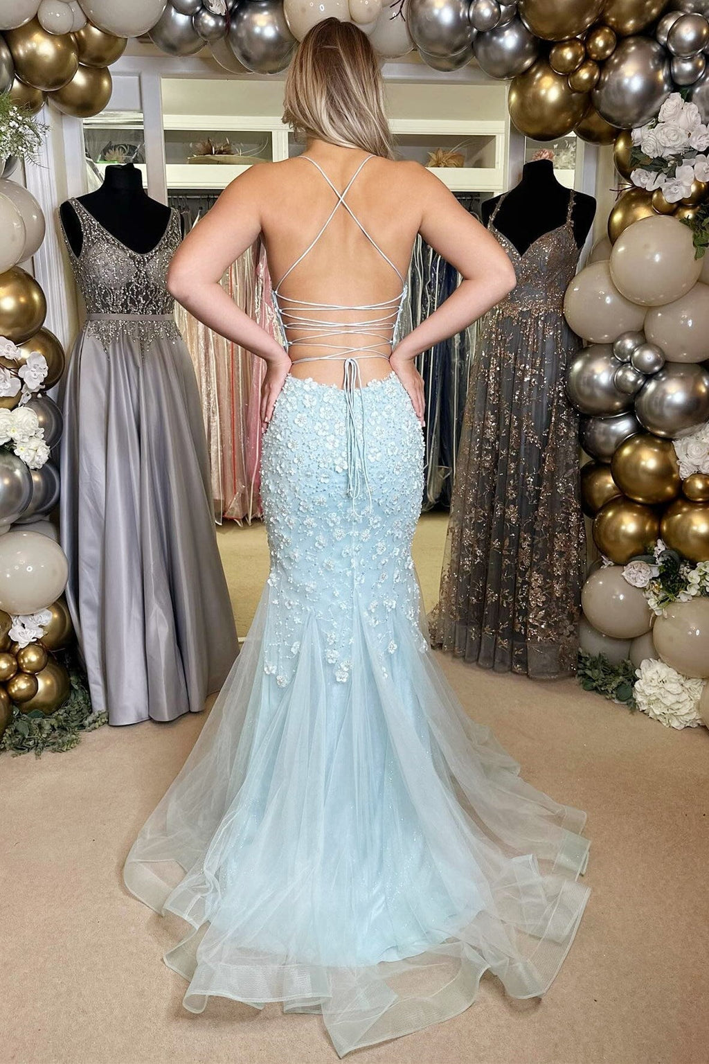 Floral Appliques V-Neck Lace-Up Long Gown