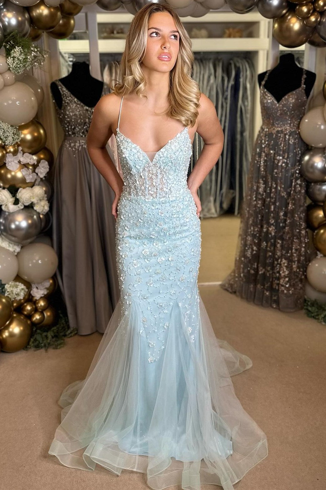 Floral Appliques V-Neck Lace-Up Long Gown