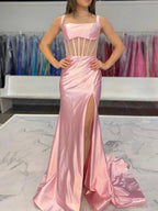 Melo | Straps Hot Pink Pleated Mermaid Prom Dress with Slit