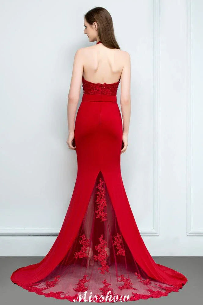 Mermaid Charmeuse Lace Halter SleevelessBridesmaid Dress Floor-Length Prom Dress