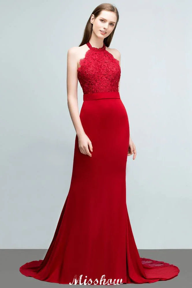Mermaid Charmeuse Lace Halter SleevelessBridesmaid Dress Floor-Length Prom Dress
