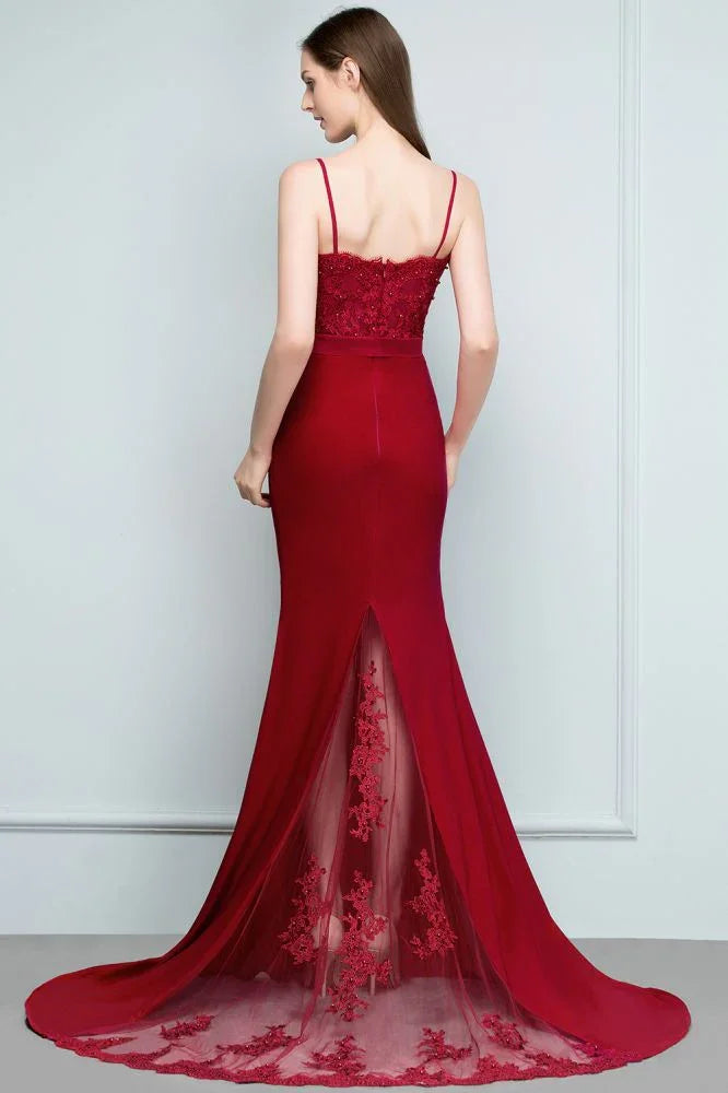 Mermaid Charmeuse Lace Spaghetti-Straps Sweetheart Sleeveless Floor-Length Bridesmaid Dresses with Beads