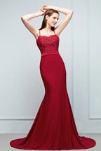 Mermaid Charmeuse Lace Spaghetti-Straps Sweetheart Sleeveless Floor-Length Bridesmaid Dresses with Beads