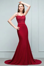 Mermaid Charmeuse Lace Spaghetti-Straps Sweetheart Sleeveless Floor-Length Bridesmaid Dresses with Beads