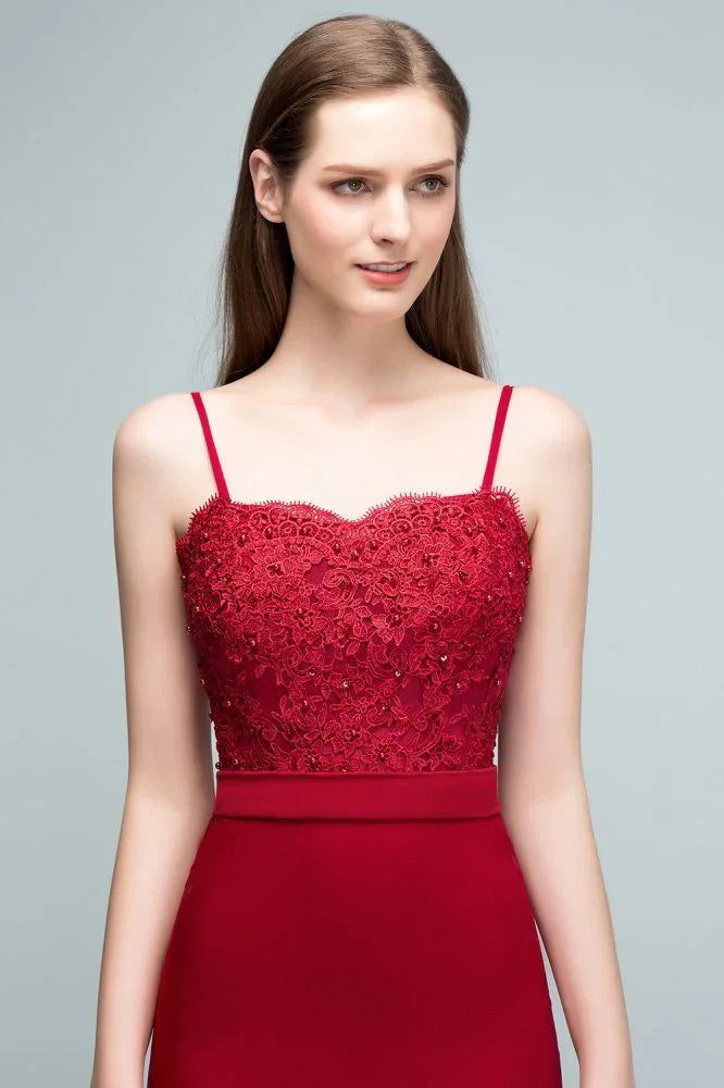 Mermaid Charmeuse Lace Spaghetti-Straps Sweetheart Sleeveless Floor-Length Bridesmaid Dresses with Beads