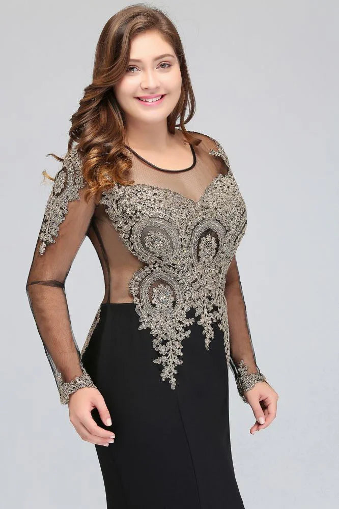 Mermaid Crew Floor Length Plus size Long Sleeves Evening Dresses with Appliques