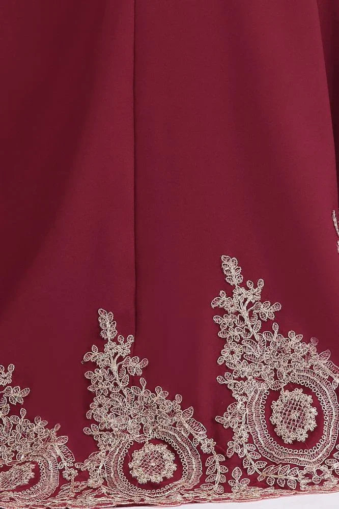 Mermaid Crew Sweep Train Sleeveless Appliques Burgundy Evening Dresses