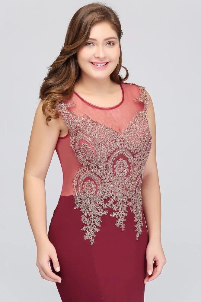 Mermaid Crew Sweep Train Sleeveless Appliques Burgundy Evening Dresses