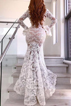 Mermaid Deep V Wedding Dress With Long Sleeve Sexy Lace Wedding Dress