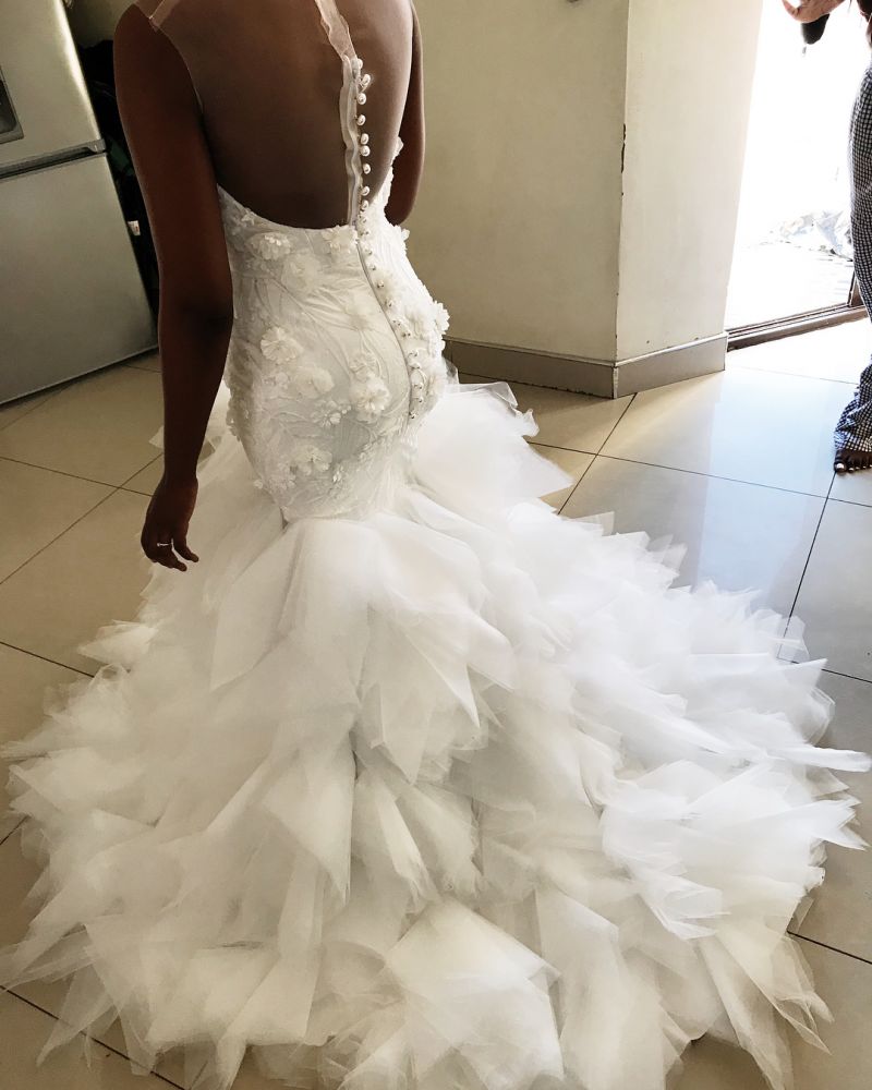 Mermaid Floral Appliques Ruffless Wedding Dress Sheer Tulle Backless Sleeveless Bridal Wears