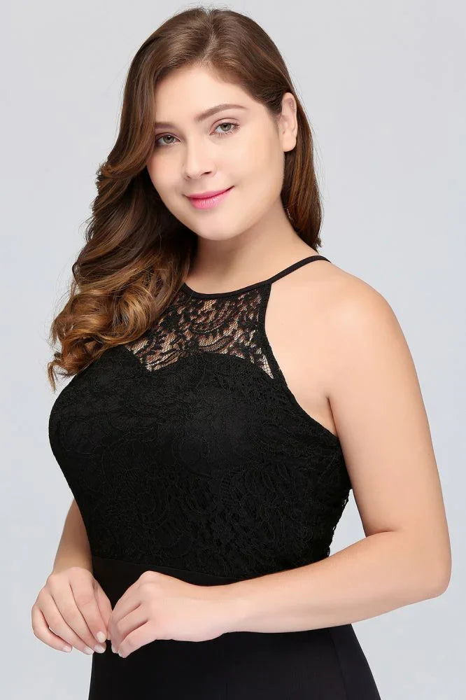 Mermaid Halter Floor Length Plus size Black Evening Dresses with Lace