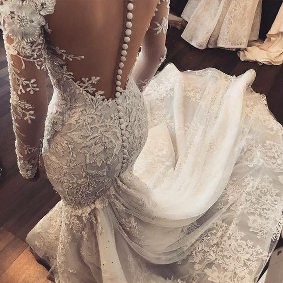 Mermaid Ivory Lace  Sweep/Brush Train Scoop Long Sleeve Wedding Dress